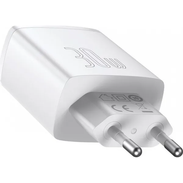 Kompaktná rýchlonabíjačka Baseus, 2xUSB, USB-C, PD, 3A, 30W - biela