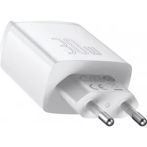 Kompaktná rýchlonabíjačka Baseus, 2xUSB, USB-C, PD, 3A, 30W - biela