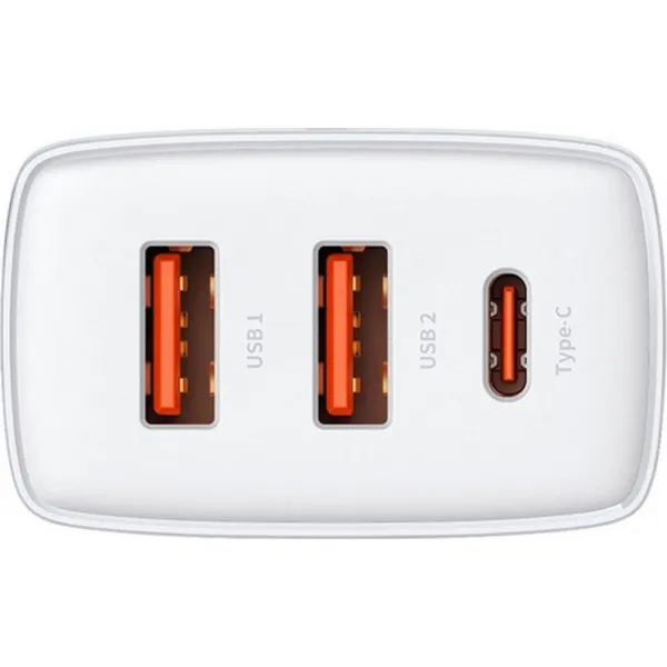 Kompaktná rýchlonabíjačka Baseus, 2xUSB, USB-C, PD, 3A, 30W - biela