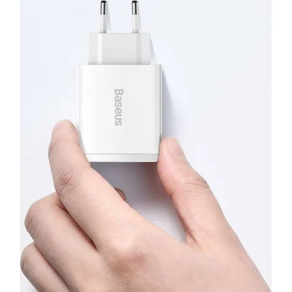 Kompaktná rýchlonabíjačka Baseus, 2xUSB, USB-C, PD, 3A, 30W - biela