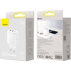 Kompaktná rýchlonabíjačka Baseus, 2xUSB, USB-C, PD, 3A, 30W - biela