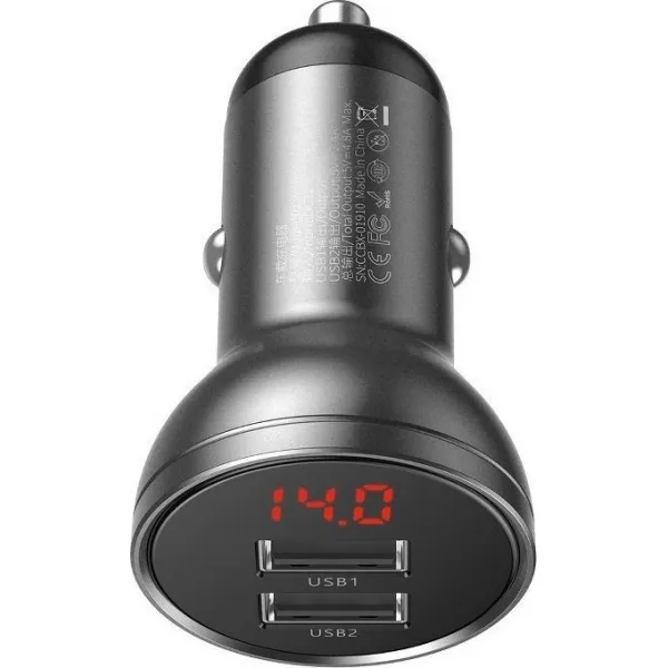 Baseus duálny USB adaptér do auta s displejom 4,8A 24W, sivý
