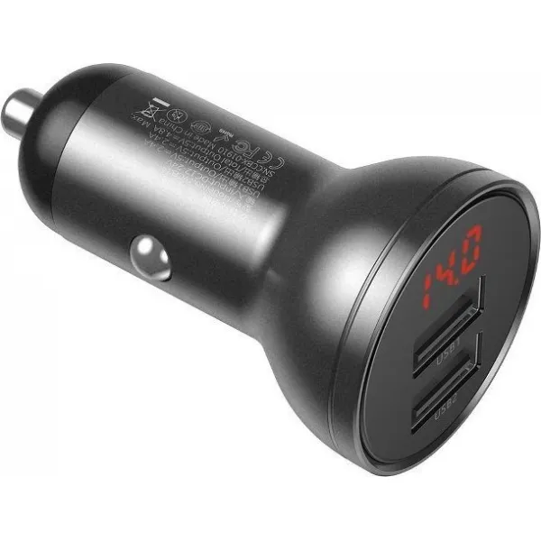 Baseus duálny USB adaptér do auta s displejom 4,8A 24W, sivý