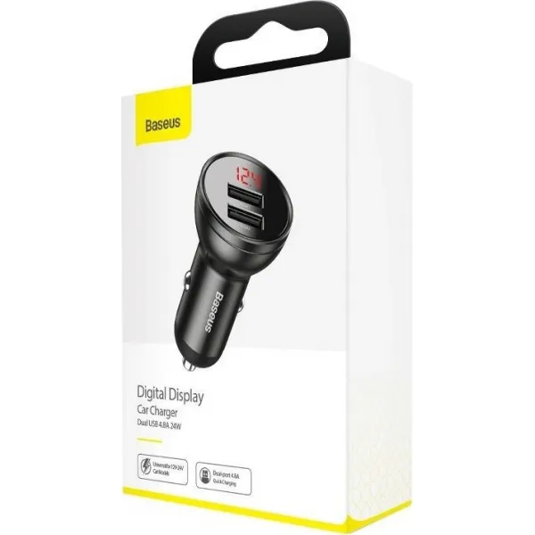 Baseus duálny USB adaptér do auta s displejom 4,8A 24W, sivý