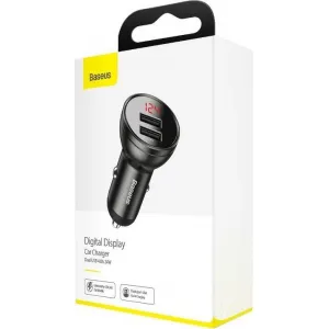 Baseus duálny USB adaptér do auta s displejom 4,8A 24W, sivý