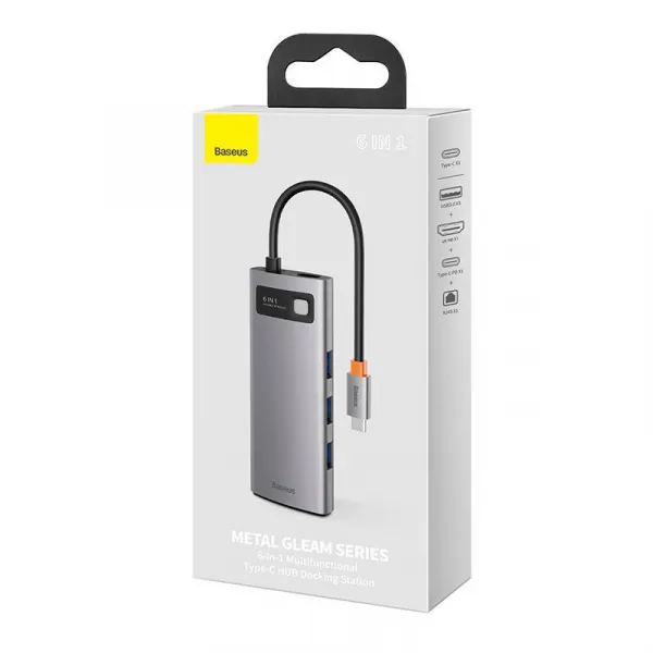 Hub 6w1 Baseus Metal Gleam Series, USB-C až 3x USB 3.0 + HDMI + USB-C PD + Ethernet RJ45 026231