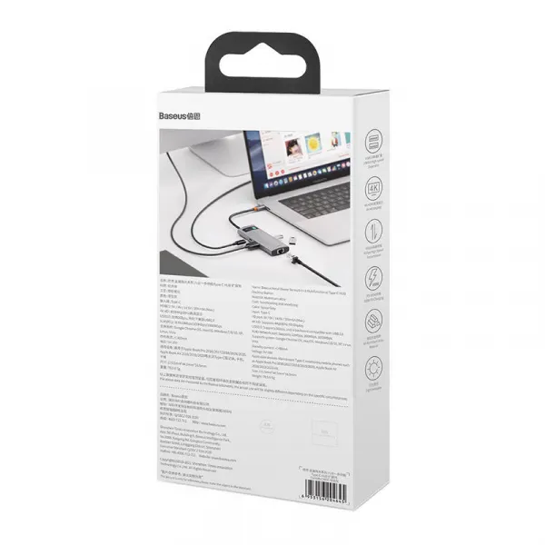 Hub 6w1 Baseus Metal Gleam Series, USB-C až 3x USB 3.0 + HDMI + USB-C PD + Ethernet RJ45 026231