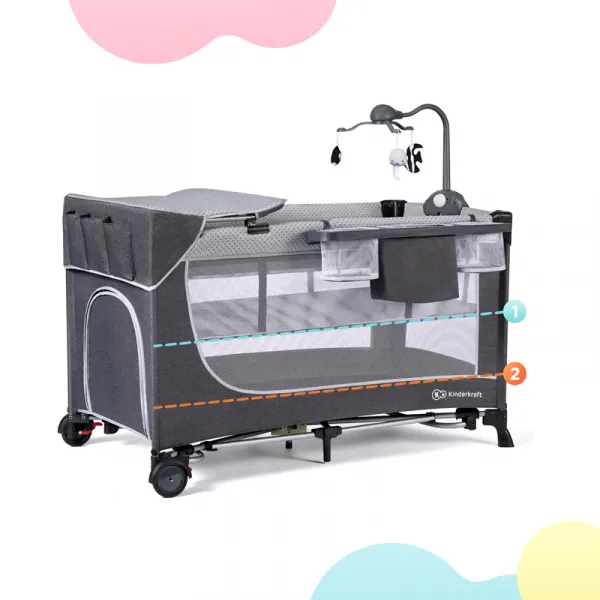 Cestovná postieľka Kinderkraft Leody s doplnkami Grey