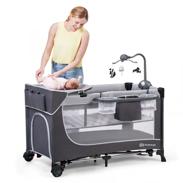 Cestovná postieľka Kinderkraft Leody s doplnkami Grey