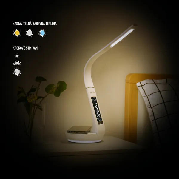 Retlux RTL 203 Stolná LED lampa s displejom a Qi dobíjaním biela, 6 W