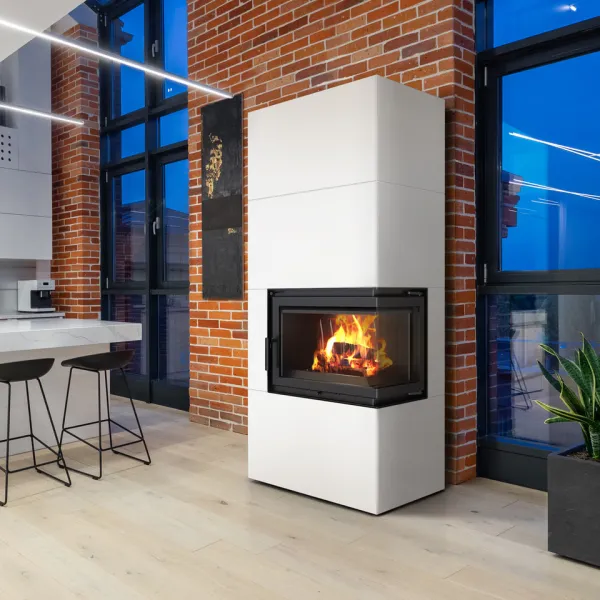 Kratki SIMPLE 8 BS biele, pravé presklenie s obstavbou - designový krb SIMPLE/BOX/P/S/BIANCO
