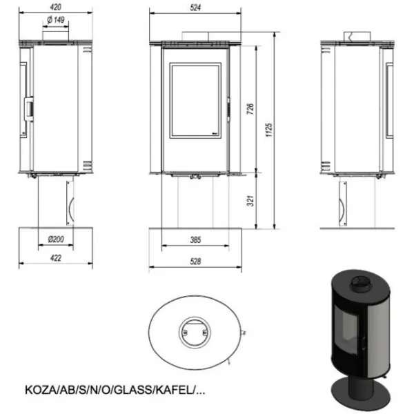 Kratki Koza AB S/N/O GLASS otočná, červené kachle - krbové kachle
