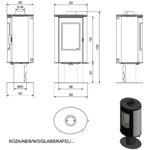 Kratki Koza AB S/N/O GLASS otočná, červené kachle - krbové kachle