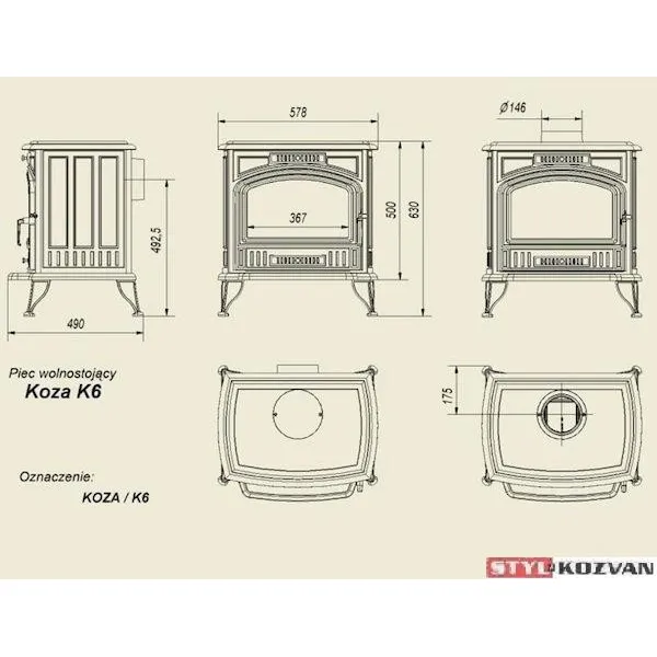 Kratki Koza K6 ASDP - liatinové kachle - Dymovod 150
