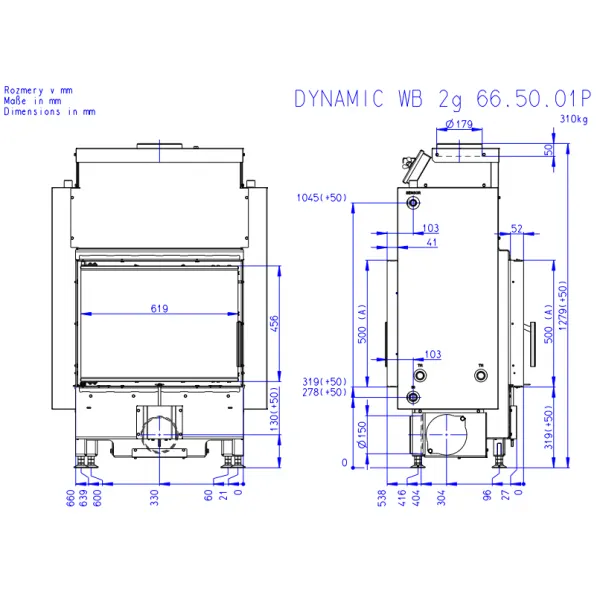 ROMOTOP DYNAMIC WB 2G 66.50.01P - krbová vložka s teplovodným výmenníkom, trojsklom a zadným prikladaním DWB2M 01P