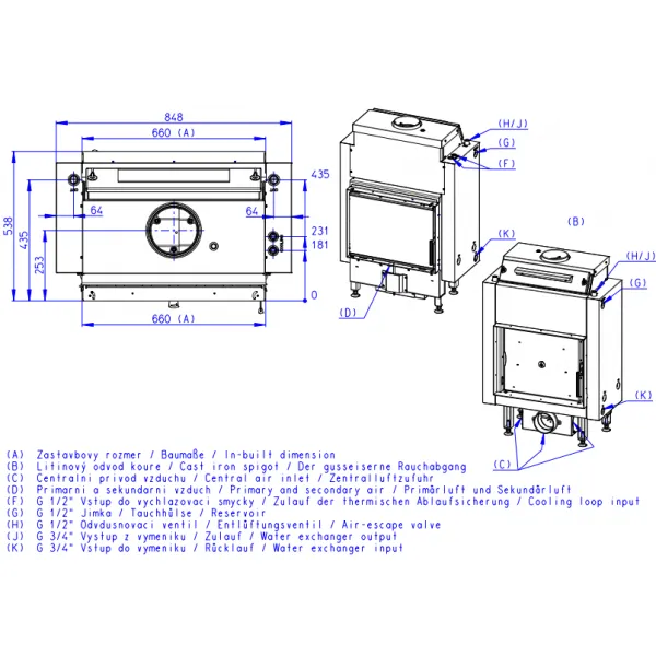 ROMOTOP DYNAMIC WB 2G 66.50.01P - krbová vložka s teplovodným výmenníkom, trojsklom a zadným prikladaním DWB2M 01P