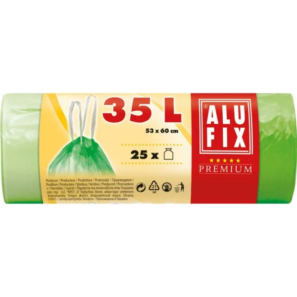Alufix Vrecia na odpadky zaťahovacie 35 l / 25 ks, 14my, 53 x 60 cm, zelené, HDPE