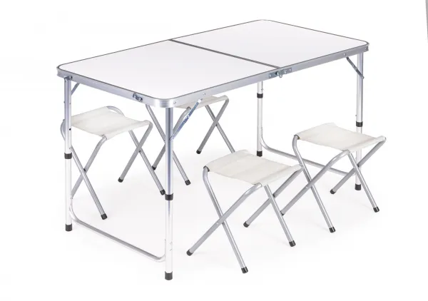 Turistický stôl, skladací stôl, sada 4 stoličiek Biela G00546