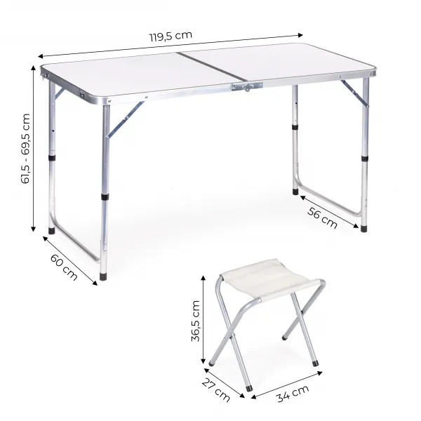 Turistický stôl, skladací stôl, sada 4 stoličiek Biela G00546