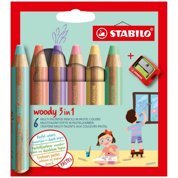 Farbičky STABILO woody 3 in 1 Pastel 6 ks Sada v kartónovom obale so strúhadlom