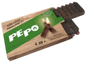 Podpaľovač PE-PO® 2v1, drevný, 20 ks, s zápalkou a škrkátkom, rozpaľovač na gril, kachle, krby, pece