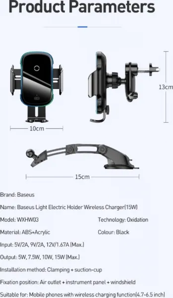 Baseus Light Elektrický držiak do auta s bezdrôtovým nabíjaním 15W čierny