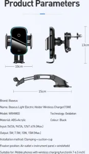 Baseus Light Elektrický držiak do auta s bezdrôtovým nabíjaním 15W čierny
