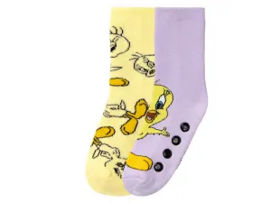 Dievčenské plyšové ponožky, 2 páry (23/26, Tweety/fialová/žltá)