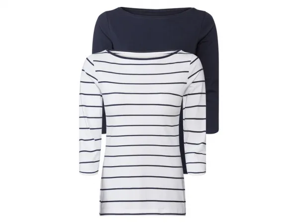 esmara® Dámske tričko s 3/4 rukávom, 2 kusy (M (40/42), navy modrá/biela/pruhy)