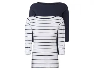 esmara® Dámske tričko s 3/4 rukávom, 2 kusy (M (40/42), navy modrá/biela/pruhy)