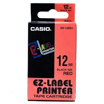 Casio XR-12RD1, 12mm x 8m, čierna tlač/červený podklad, originálna páska