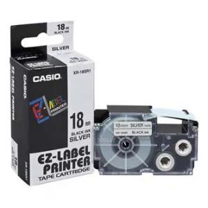 Casio XR-18SR1, 18mm x 8m, čierna tlač/strieborný podklad, originálna páska