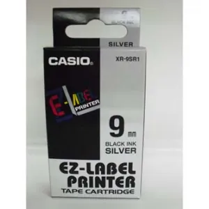 Casio XR-9SR1, 9mm x 8m, čierna tlač/strieborný podklad, originálna páska