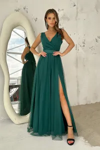 Bicotone Spoločenské smaragdové šaty s dlhým rozparkom Veľkosť: 42