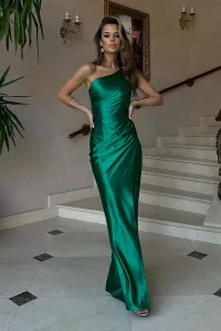 Bicotone Saténové smaragdové šaty na jedno rameno Veľkosť: 38