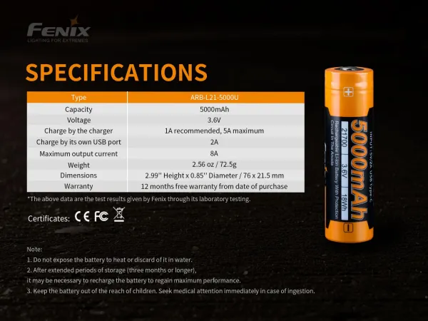 FENIX 21700 5000 mAh s USB-C (Li-Ion) nabíjací akumulátor