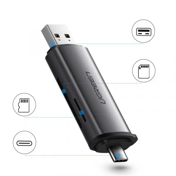Ugreen CM184 adaptér USB-C TF + čítačka kariet SD / microSD, sivá (50706)