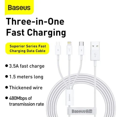 Kábel USB 3w1 Baseus Superior Series, USB do micro USB / USB-C / Lightning, 3,5 A, 1,2 m (biely) 026226