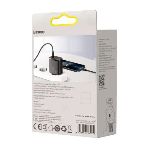 Kompaktná rýchlonabíjačka Baseus, 2xUSB, USB-C, PD, 3A, 30W (čierna) 028970