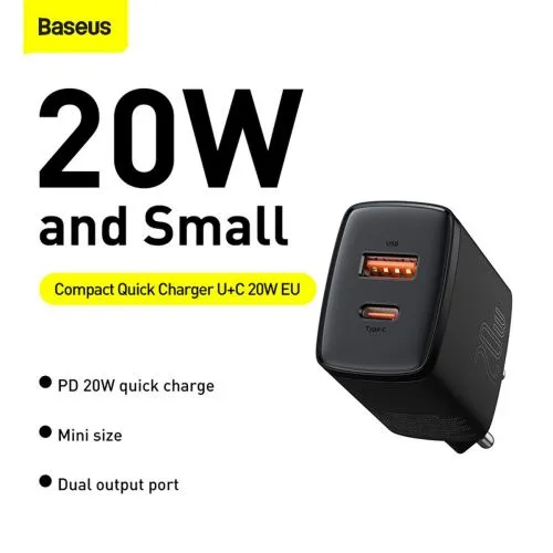Kompaktná rýchlonabíjačka Baseus USB+ USB-C 20W - čierna