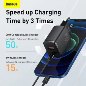 Kompaktná rýchlonabíjačka Baseus USB+ USB-C 20W - čierna