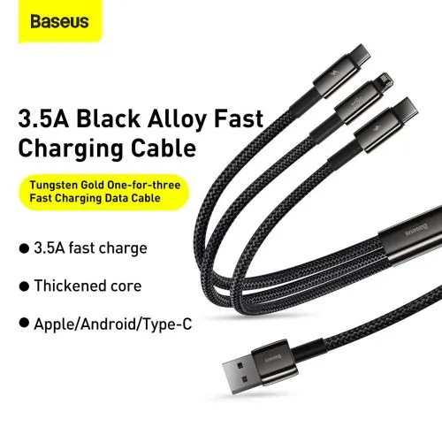 Kábel USB 3w1 Baseus Tungsten Gold, USB do micro USB / USB-C / Lightning, 3,5 A, 1,5 m... 025726