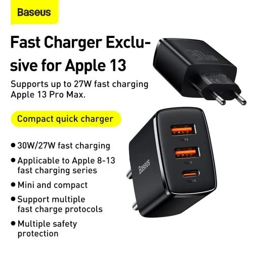 Kompaktná rýchlonabíjačka Baseus, 2xUSB, USB-C, PD, 3A, 30W (čierna) 028970
