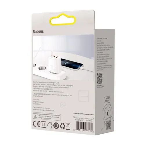 Kompaktná rýchlonabíjačka Baseus, 2xUSB, USB-C, PD, 3A, 30W - biela