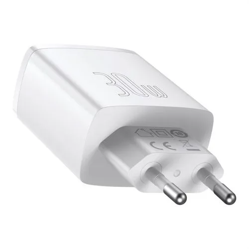 Kompaktná rýchlonabíjačka Baseus, 2xUSB, USB-C, PD, 3A, 30W - biela
