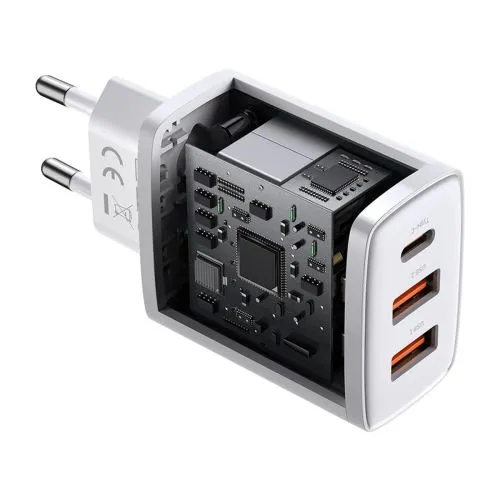 Kompaktná rýchlonabíjačka Baseus, 2xUSB, USB-C, PD, 3A, 30W - biela