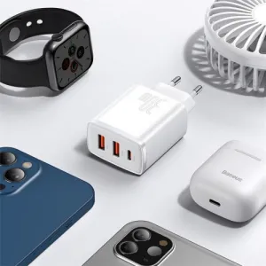 Kompaktná rýchlonabíjačka Baseus, 2xUSB, USB-C, PD, 3A, 30W - biela
