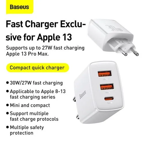 Kompaktná rýchlonabíjačka Baseus, 2xUSB, USB-C, PD, 3A, 30W - biela