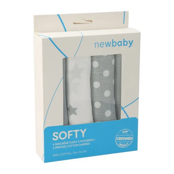 Látkové bavlnené plienky New Baby s potiskom 70 x 70 cm 4 ks šedo-biele