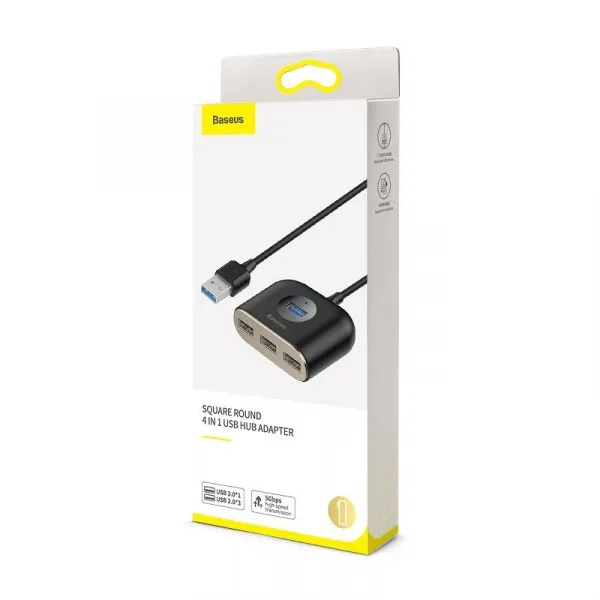 Adaptér USB 4w1 Baseus Square Round, HUB USB 3.0 do 1x USB 3.0 + 3x USB 2.0, 1m (czarny) 021655